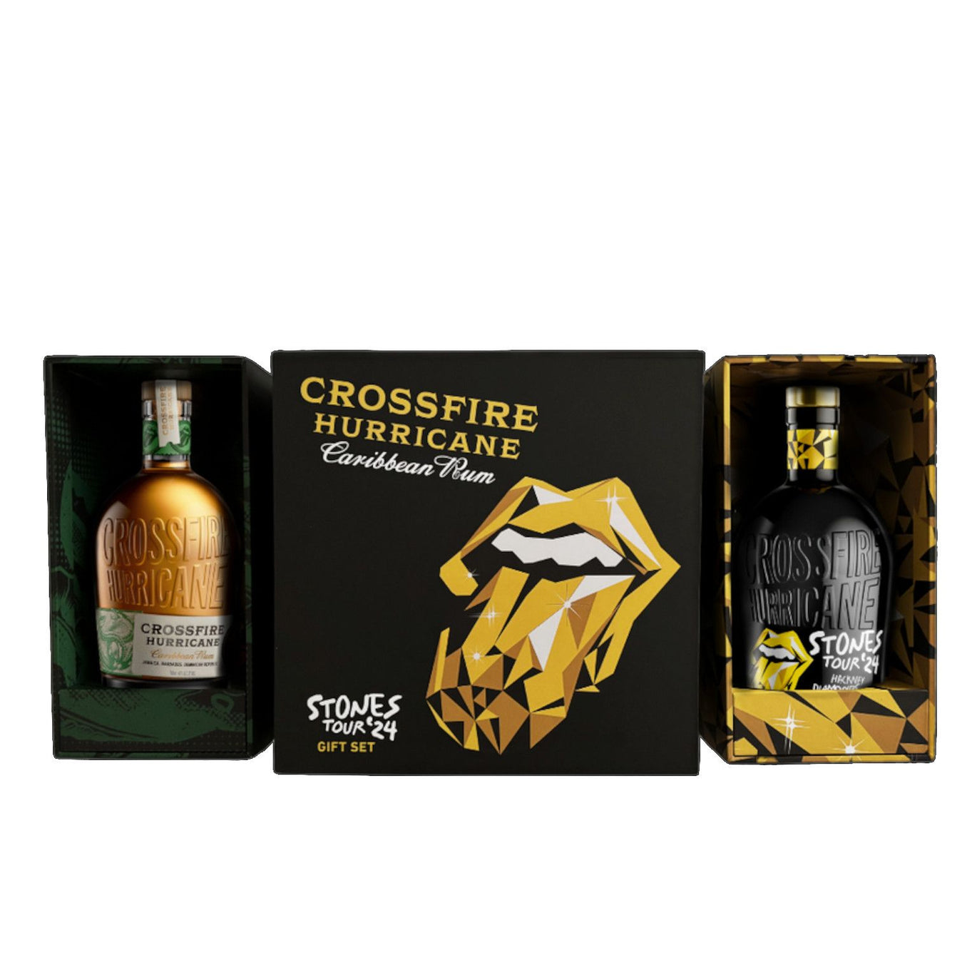 Crossfire Hurricane Rum Limited Edition Hackney Diamonds Gift Set featuring two bottles in deluxe packaging.
